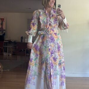 Karolina Boutique Floral Maxi Dress with Belt Ruffles Buttons Pure Green OS